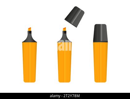 Orange highlighter marker, 3 versions of marker in orange color. Vector set. Stock Vector
