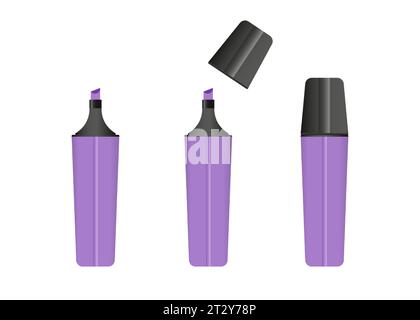 Purple highlighter marker, 3 versions of marker in purple color. Vector set. Stock Vector