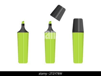 Green highlighter marker, 3 versions of marker in green color. Vector set. Stock Vector