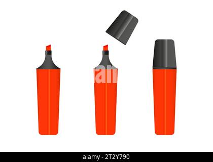 Red highlighter marker, 3 versions of marker in red color. Vector set. Stock Vector