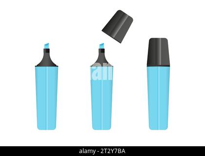 Blue highlighter marker, 3 versions of marker in blue color. Vector set. Stock Vector