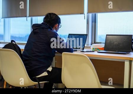 Software developer working on project in office, overlooking the window Stock Photo