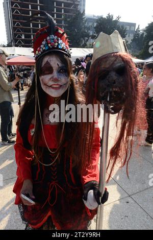 Non Exclusive: October 21, 2023, Mexico City, Mexico: Participants disguised as Zombies take part during the Annual Zombie Walk  at Mexico City's down Stock Photo