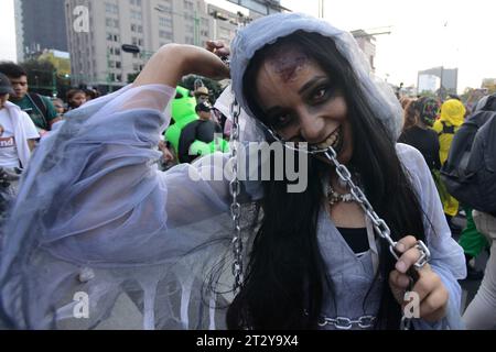 Non Exclusive: October 21, 2023, Mexico City, Mexico: Participants disguised as Zombies take part during the Annual Zombie Walk  at Mexico City's down Stock Photo