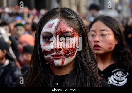 Non Exclusive: October 21, 2023, Mexico City, Mexico: Participants disguised as Zombies take part during the Annual Zombie Walk  at Mexico City's down Stock Photo