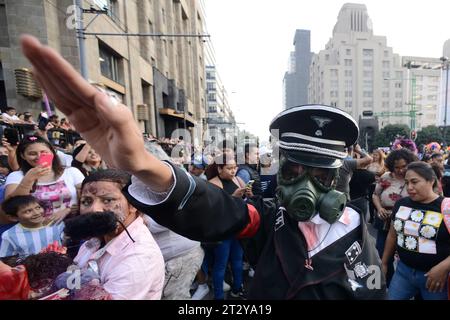 Non Exclusive: October 21, 2023, Mexico City, Mexico: Participants disguised as Zombies take part during the Annual Zombie Walk  at Mexico City's down Stock Photo