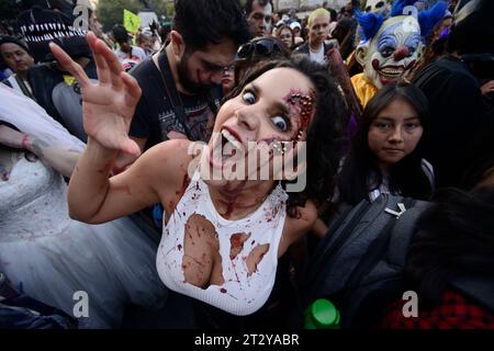 Non Exclusive: October 21, 2023, Mexico City, Mexico: Participants disguised as Zombies take part during the Annual Zombie Walk  at Mexico City's down Stock Photo