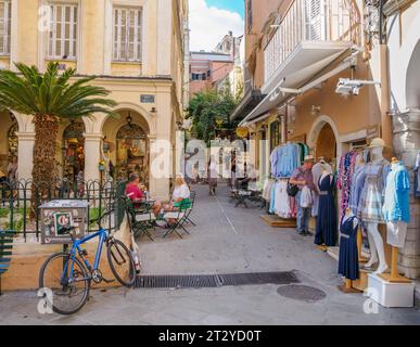 Streets of shops in the vibrant Byzantine town of Kerkira or Corfu Town capital of the island of Corfu in the Ionian Islands of Greece Stock Photo