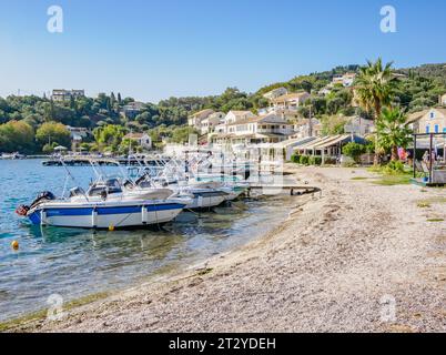 The small fishing village and holiday destination of Agio Stefanos on the north-east coast of Corfu in the Ionian Islands of Greece Stock Photo