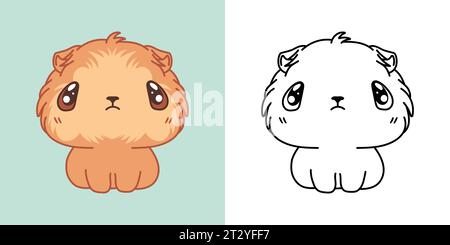 Cute Guinea Pig Clipart Illustration and Black and White. Kawaii Clip Art Baby Animal. Cute Vector Illustration of a Kawaii Rodent for Stickers Stock Vector