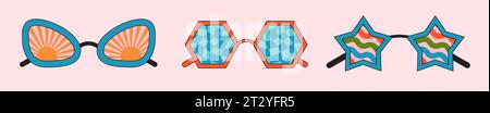 Groovy sunglasses. Collection of hippie sunglasses in trendy groovy style. Stock Vector