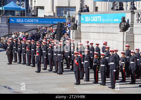 London , UK 22 October 2023.  Sea cadets   take part in Trafalgar Day  in the celebration of the victory by the Royal Navy , commanded by Vice Admiral Horatio Nelson over the French and Spanish fleets  at the Battle of Trafalgar  on 21 October 1805 .Credit amer ghazzal/Alamy Live News Stock Photo