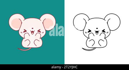 Set Clipart Baby Mouse Coloring Page and Colored Illustration. Kawaii Isolated Mice. Cute Vector Illustration of a Kawaii Pet for Stickers, Prints for Stock Vector