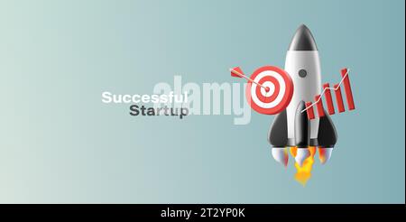 3d render illustration of start up rocket with bar chart and target board, success launch composition, web service banner Stock Vector