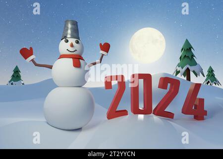 Snowman poses with the number 2024 on new year's eve against the of a full moon - 3D render Stock Photo