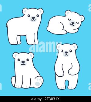 Cute cartoon polar bear cubs drawing set. Simple vector clip art illustration. Stock Vector