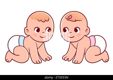 Cute cartoon drawing of crawling baby boy and girl. Baby gender color on diapers. Vector clip art illustration. Stock Vector