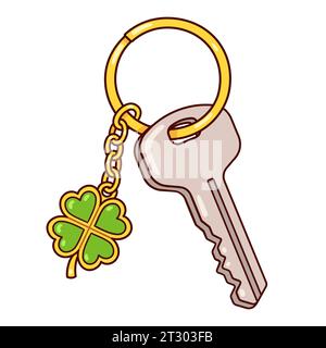 Lucky clover charm on keychain and keyring with house key. Cartoon drawing, isolated vector clip art illustration. Stock Vector