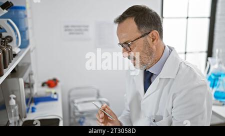 Concentrated middle-aged man with grey hair, immersed in groundbreaking science, harnesses computer power in the buzzing lab environment Stock Photo
