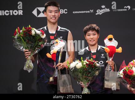 Feng Yan Zhe and Huang Dong Ping , China winning mixed double in Victor Denmark Open in Jyske Bank Arena in Odense Sunday 22, 2023. Stock Photo