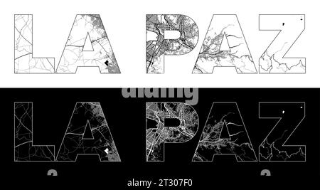 La Paz City Name (Bolivia, South America) with black white city map illustration vector Stock Vector