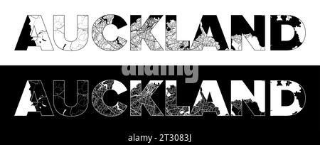 Auckland New Zealand City Name (New Zealand, Oceania) with black white city map illustration vector Stock Vector