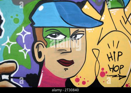 City: Marilia, São Paulo, Brazil - 2023 July 2023 : Graffiti on masonry wall with face in various colors. zoom photo Stock Photo