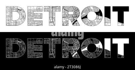 Detroit City Name (United States, North America) with black white city map illustration vector Stock Vector