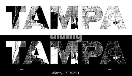 Tampa City Name (United States, North America) with black white city map illustration vector Stock Vector