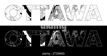 Ottawa Ontario City Name (Canada, North America) with black white city map illustration vector Stock Vector