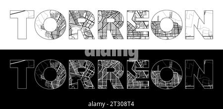 Torreon City Name (Mexico, North America) with black white city map illustration vector Stock Vector