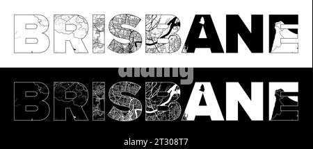 Brisbane City Name (, Australia) with black white city map illustration vector Stock Vector