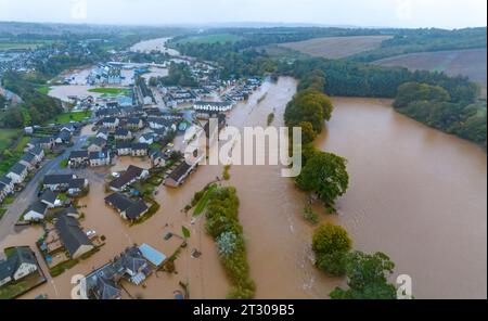 Aerial view of flooded housing and streets in Brechin after the River South Esk broke flood defences during Storm Babet , Angus, Scotland, UK Stock Photo