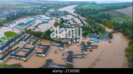 Aerial view of flooded housing and streets in Brechin after the River South Esk broke flood defences during Storm Babet , Angus, Scotland, UK Stock Photo