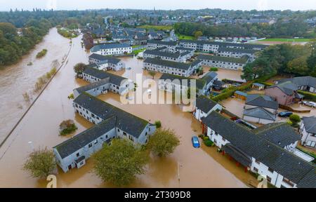 Aerial view of flooded housing and streets in Brechin after the River South Esk broke flood defences during Storm Babet , Angus, Scotland, UK Stock Photo