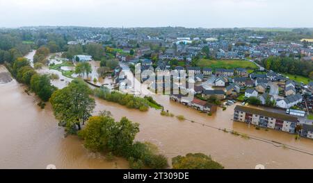 Aerial view of flooded housing and streets in Brechin after the River South Esk broke flood defences during Storm Babet , Angus, Scotland, UK Stock Photo