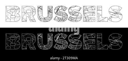 8Brussels City Name (Belgium, Europe) with black white city map illustration vector Stock Vector