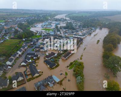 Aerial view of flooded housing and streets in Brechin after the River South Esk broke flood defences during Storm Babet , Angus, Scotland, UK Stock Photo