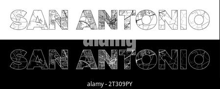 San Antonio Texas City Name (United States, North America) with black white city map illustration vector Stock Vector