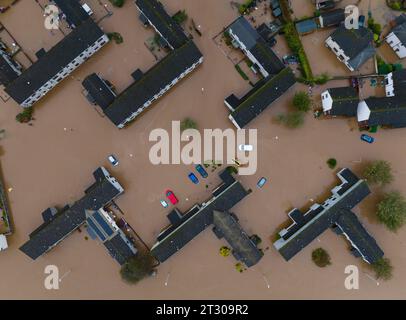 Aerial view of flooded housing and streets in Brechin after the River South Esk broke flood defences during Storm Babet , Angus, Scotland, UK Stock Photo