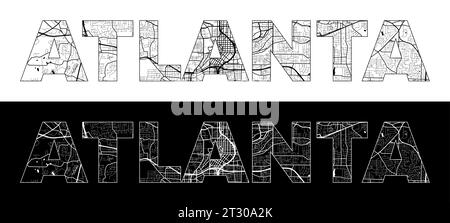 Atlanta City Name (United States, North America) with black white city map illustration vector Stock Vector