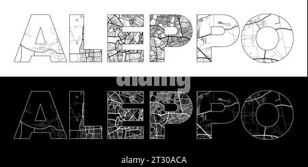 Aleppo City Name (Syria, Asia) with black white city map illustration vector Stock Vector
