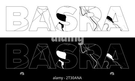 Basra City Name (Iraq, Asia) with black white city map illustration vector Stock Vector