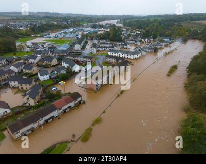 Aerial view of flooded housing and streets in Brechin after the River South Esk broke flood defences during Storm Babet , Angus, Scotland, UK Stock Photo