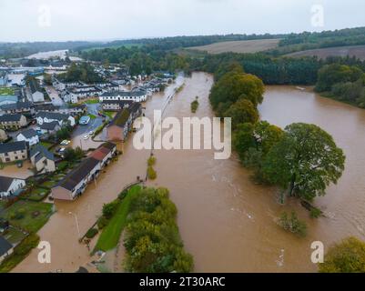 Aerial view of flooded housing and streets in Brechin after the River South Esk broke flood defences during Storm Babet , Angus, Scotland, UK Stock Photo