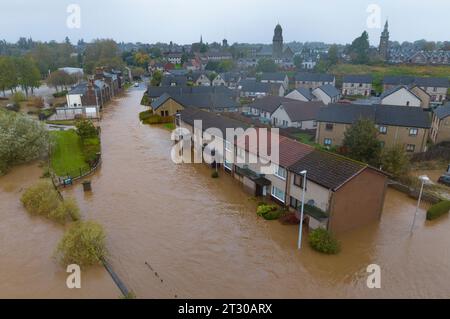 Aerial view of flooded housing and streets in Brechin after the River South Esk broke flood defences during Storm Babet , Angus, Scotland, UK Stock Photo