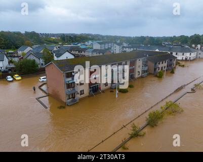 Aerial view of flooded housing and streets in Brechin after the River South Esk broke flood defences during Storm Babet , Angus, Scotland, UK Stock Photo