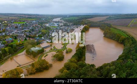 Aerial view of flooded housing and streets in Brechin after the River South Esk broke flood defences during Storm Babet , Angus, Scotland, UK Stock Photo