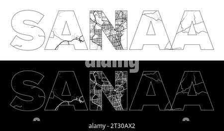 Sanaa City Name (Yemen, Asia) with black white city map illustration vector Stock Vector