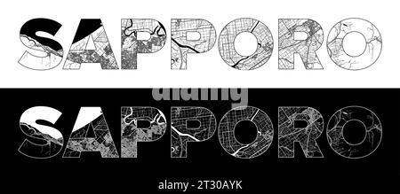 Sapporo City Name (Japan, Asia) with black white city map illustration vector Stock Vector